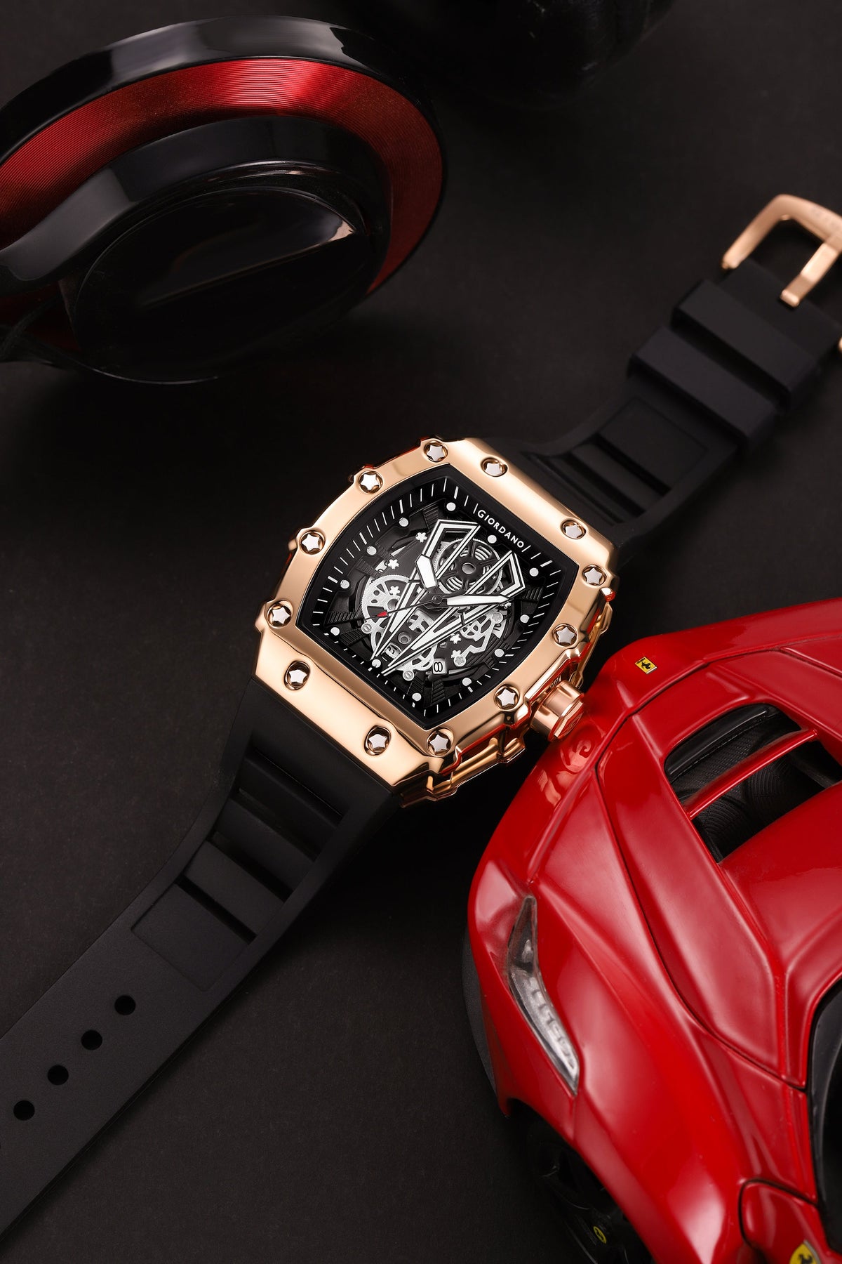 Giordano Analog Quartz Watch for Men with Skeleton Rectangle Black Dial, Date Function, Luminous Hands and Markers, Black Silicone Strap - GZ-50237-22