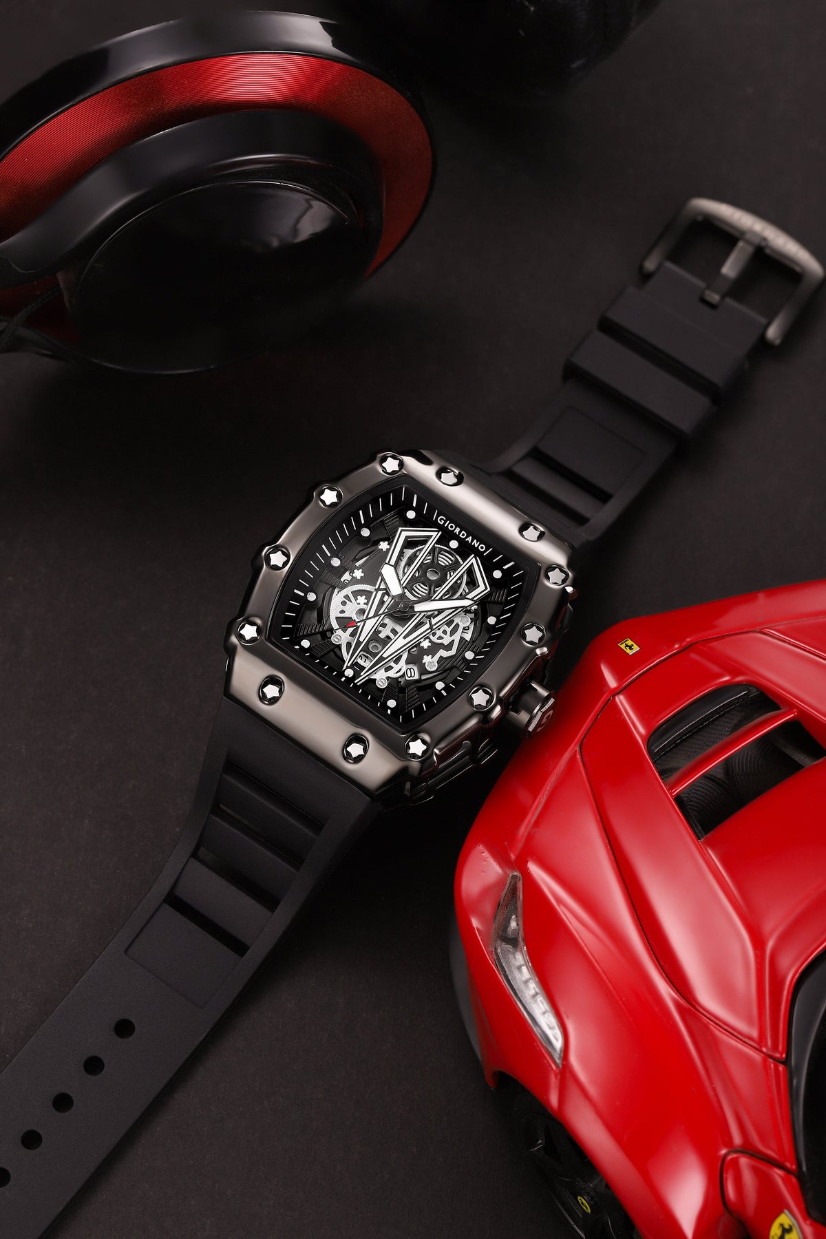 Giordano Analog Quartz Watch for Men with Skeleton Rectangle Black Dial, Date Function, Luminous Hands and Markers, Black Silicone Strap - GZ-50237-11