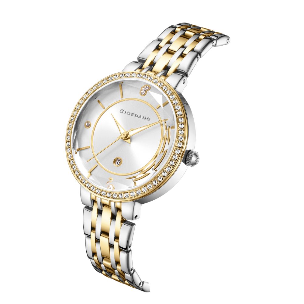 Giordano Stylish Analog Watch for Women – Round cut glass Dial,diamond studed bezel, stainess steel strap and date display | GZ-60110-22