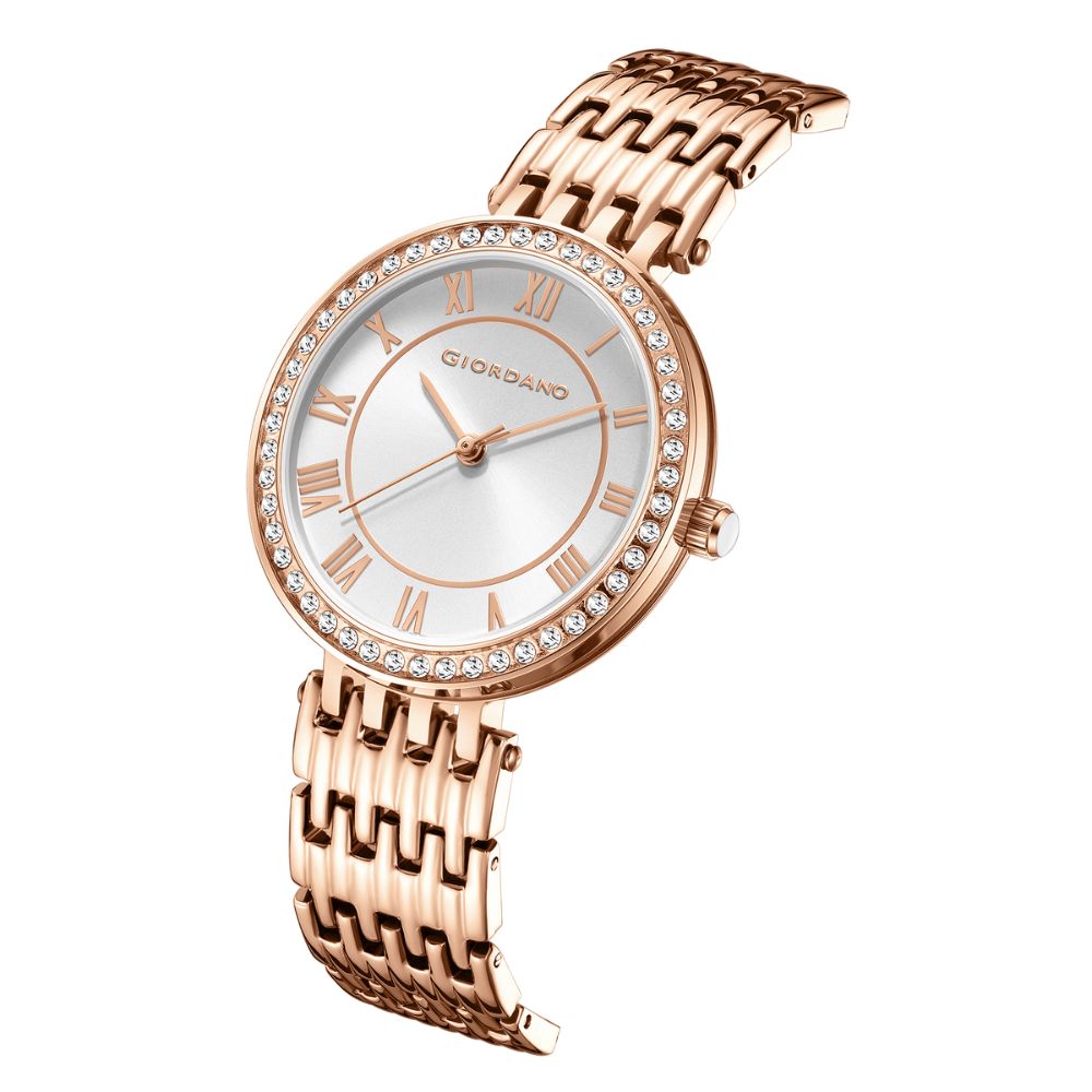 Giordano Eleganza Collection Watch for Women with Stainless Steel Strap and Crystal Embellished Bezel, Roman Numerals-A2083-22