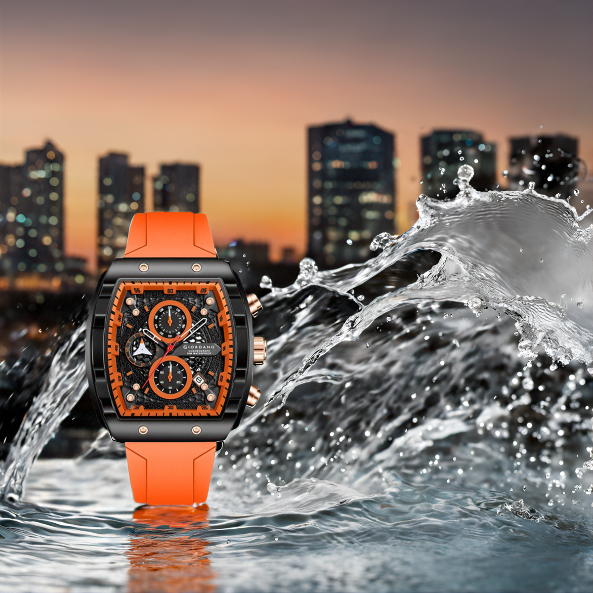 Giordano Orange Square Dial Multifuncational Watch for Men with Stylish Design, Waterproof, Date Display & Silicone Strap GZ-50123-02