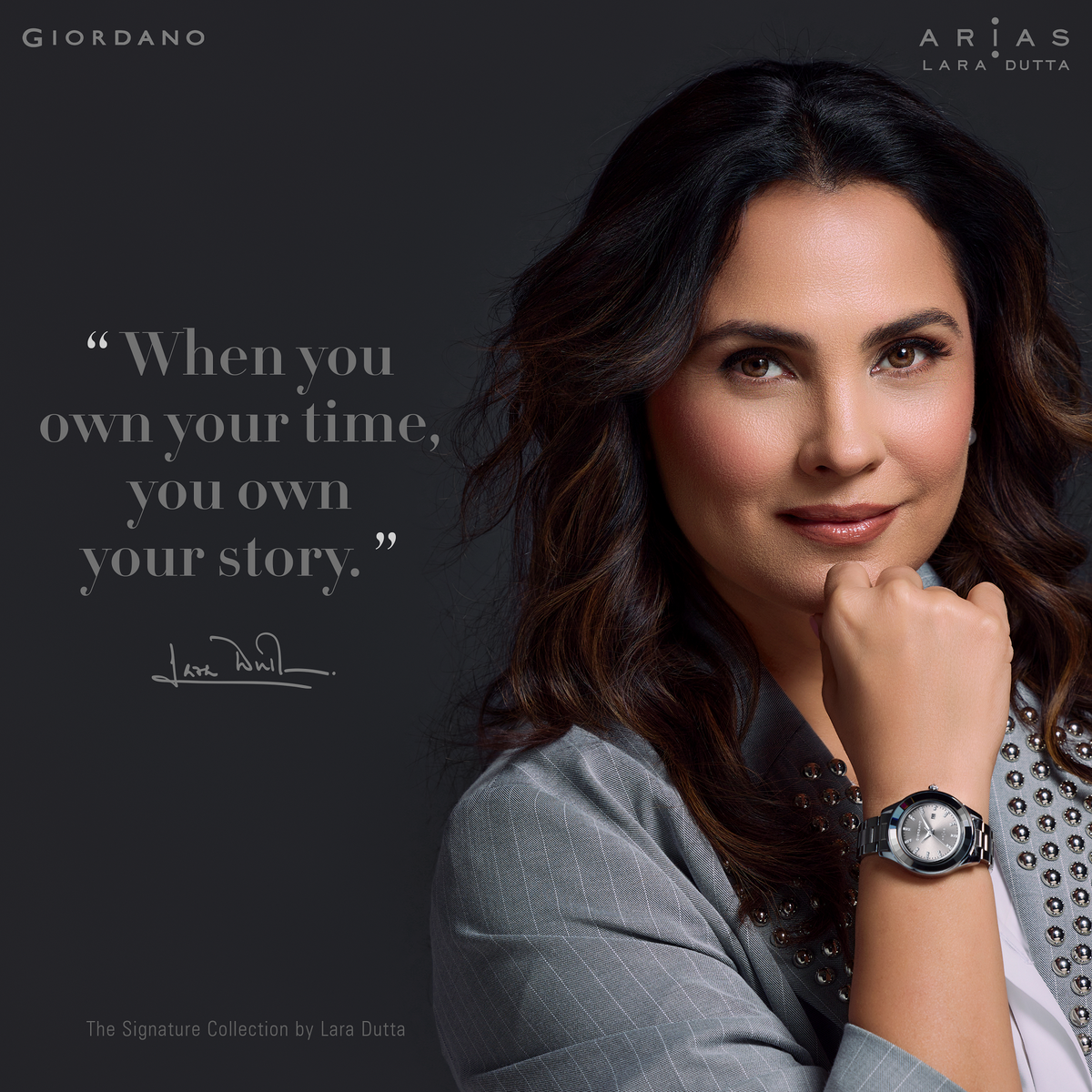 Giordano Arias by Lara Dutta Signature Collection Analog Quartz Watch for Women with Mother-of-Pearl Dial, Baguette-Cut Crystal Studded Bezel and Rose Gold Adjustable Chain Bracelet Strap GZ-60178-22