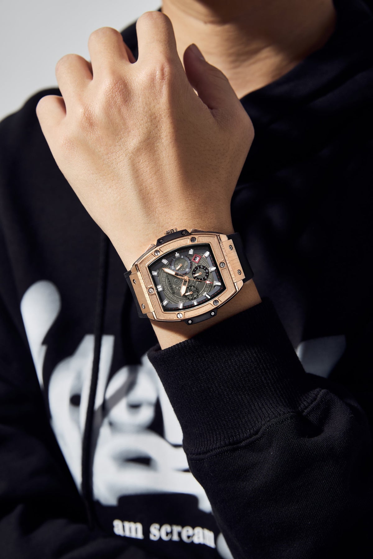 Giordano Terminator Men's Rose Gold Leather Multifunction Watch - with Day, Date, and 24-Hour Sub-Dials | Water Resistant Square Dial Unique Design Wrist Watch for Man | GZ-50098-02