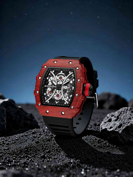 GIORDANO Analog Square Watch for Men with Skeleton Design, Rugged Textured Case, Luminous Hands, and Silicone Strap - GZ-50180-22