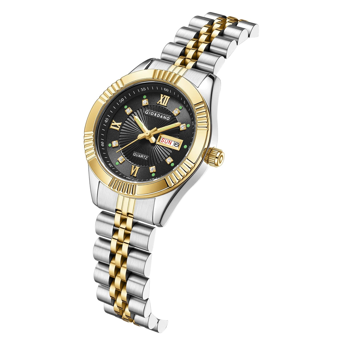 Giordano Analog Quartz Watch for Women with Day & Date Display, Textured Dial, Diamond Hour Markers, Roman Numerals Stainless Steel Strap - GZ-60172-11