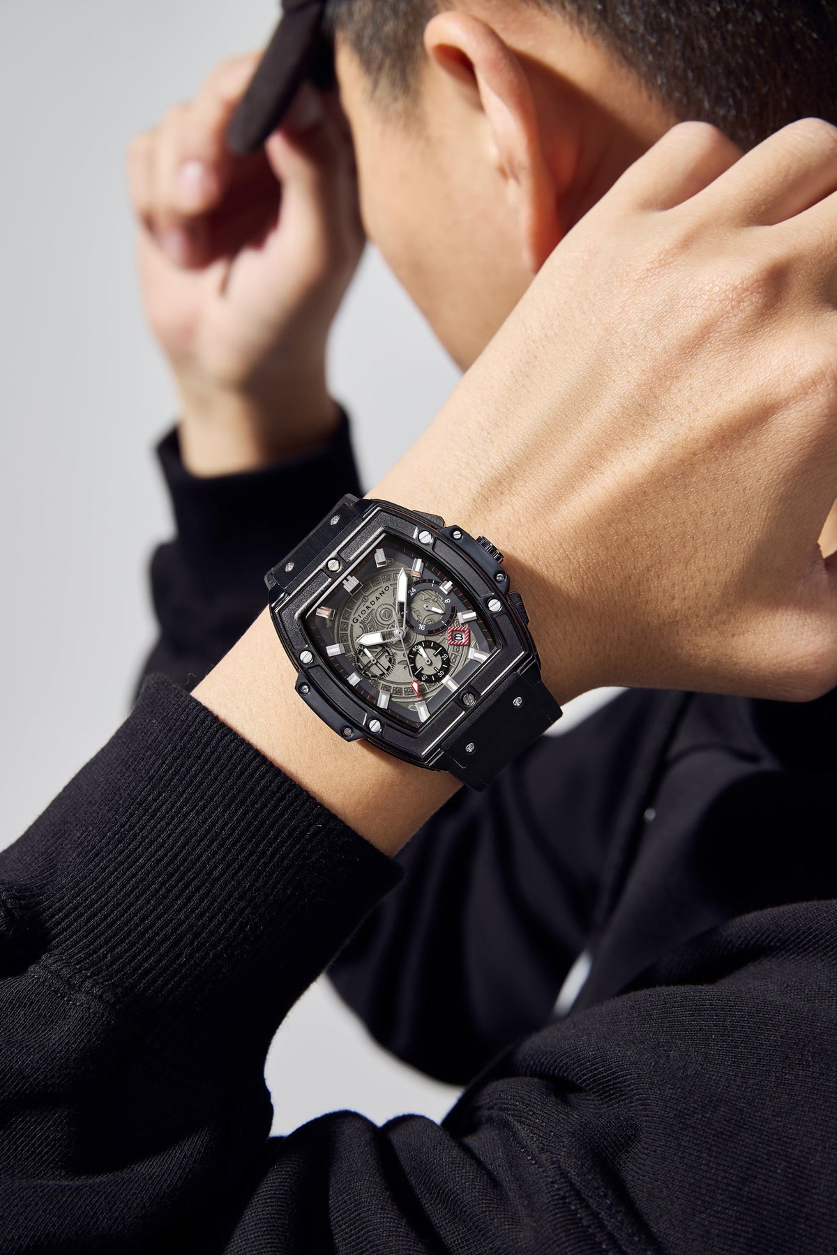 Giordano Terminator Men's Black Leather Multifunction Watch - with Day, Date, and 24-Hour Sub-Dials | Water Resistant Square Dial Unique Design Wrist Watch for Man | GZ-50098-03