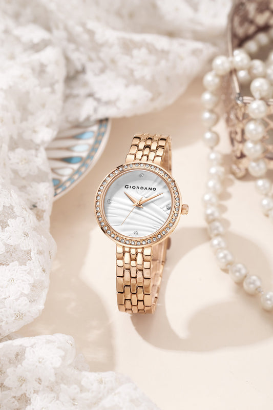 Giordano Analog Stylish Watch for Women with Crystal Bezel & Textured Dial and Stainless Steel Strap - GZ-60079-22