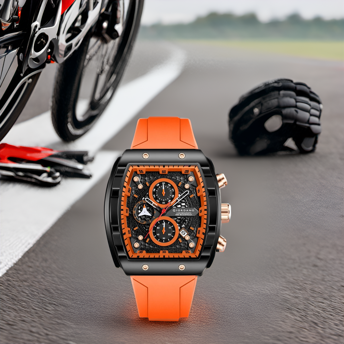 Giordano Orange Square Dial Multifuncational Watch for Men with Stylish Design, Waterproof, Date Display & Silicone Strap GZ-50123-02