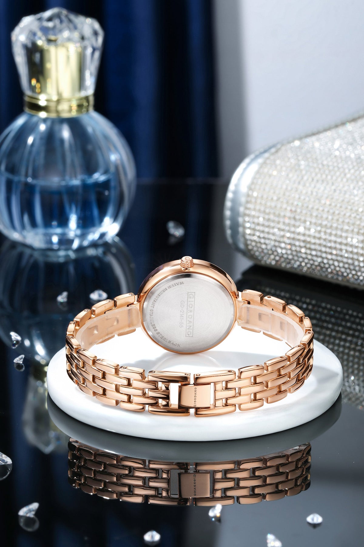 Giordano Analog Watch for Women with Diamond Indices, Stainless Steel Strap and Crystal Embellished Bezel | GD-2141-55