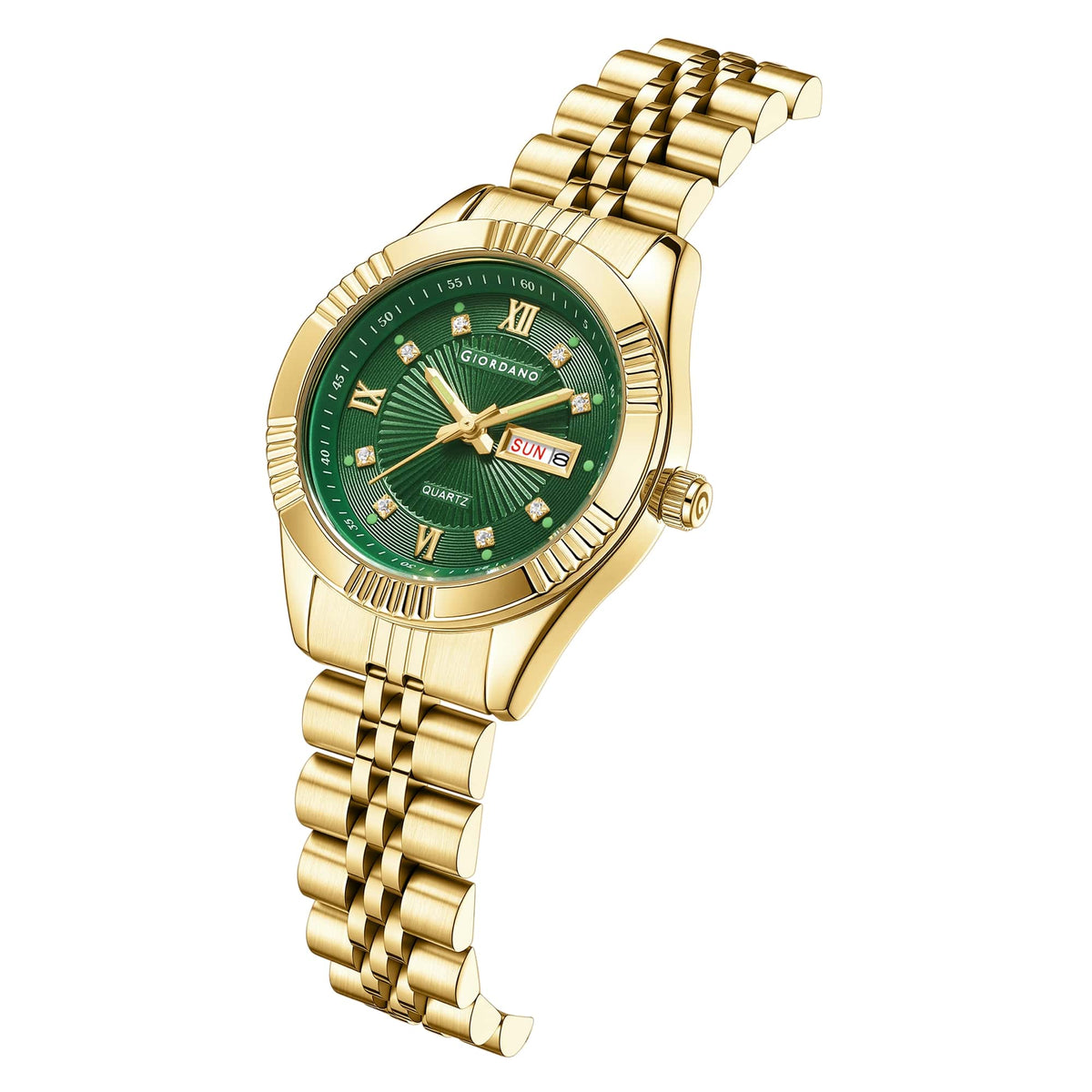 Giordano Analog Quartz Watch for Women with Day & Date Display, Textured Dial, Diamond Hour Markers, Roman Numerals Stainless Steel Strap - GZ-60172-33