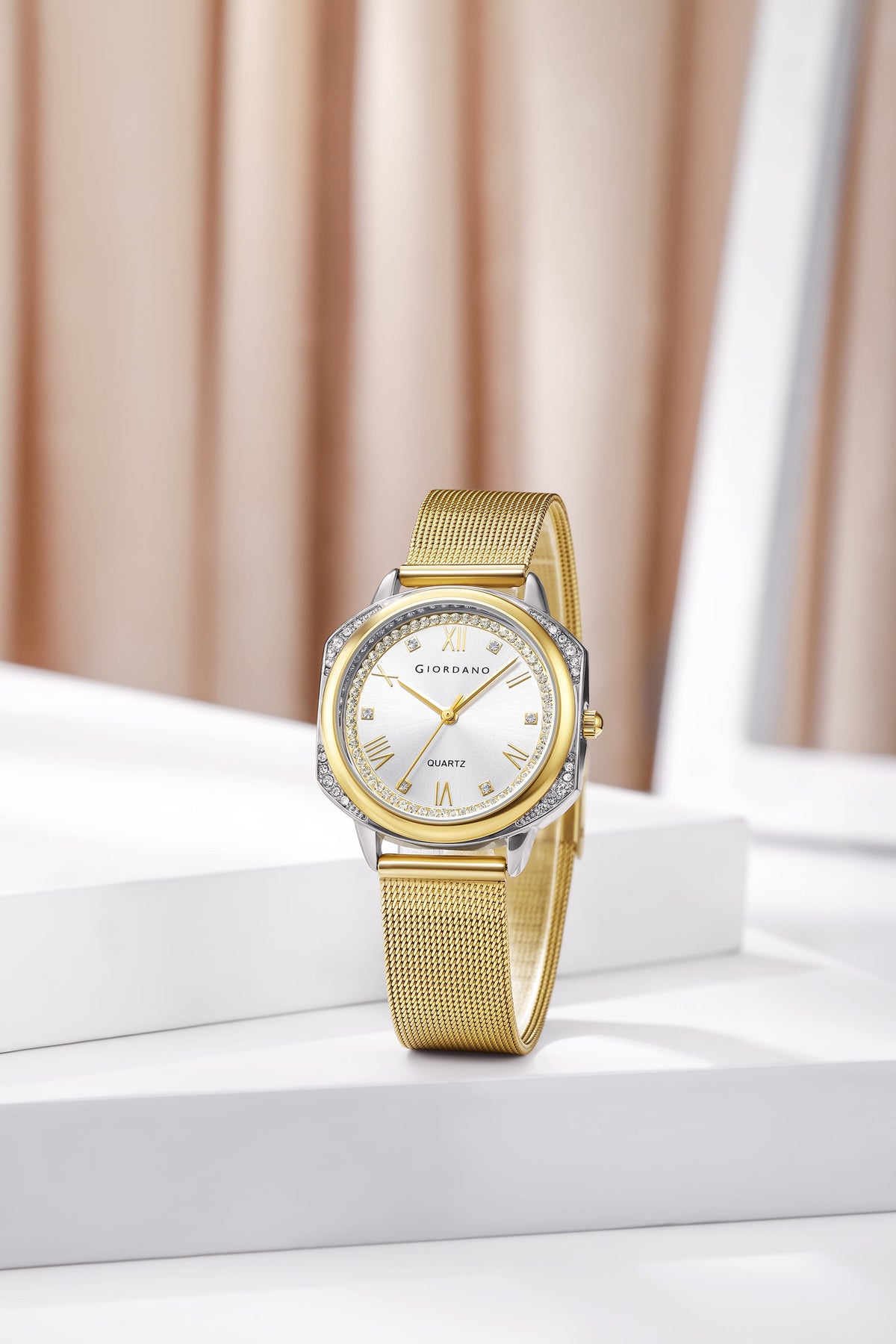 Giordano Gold Analog Quartz Watch Gift Set for Women – 3 Piece Combo with Mesh Strap, Roman Numeral Crystal Studded Dial, Round Pearl Pendant Necklace & Bangle Bracelet - GZ-60183-33