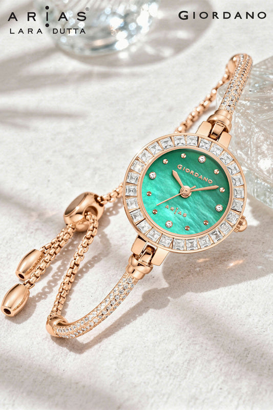 Giordano Arias by Lara Dutta Signature Collection Analog Quartz Watch for Women with Mother-of-Pearl Dial, Baguette-Cut Crystal Studded Bezel and Rose Gold Adjustable Chain Bracelet Strap GZ-60178-22