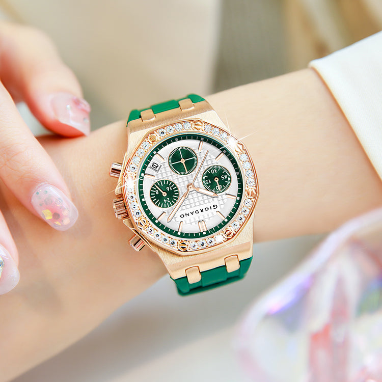 Giordano Chronograph Watch for Women | Stainless Steel Case, Crystal bezel | Modern & Stylish Timepiece with Comfortable Silicone Strap | GZ-50154-33