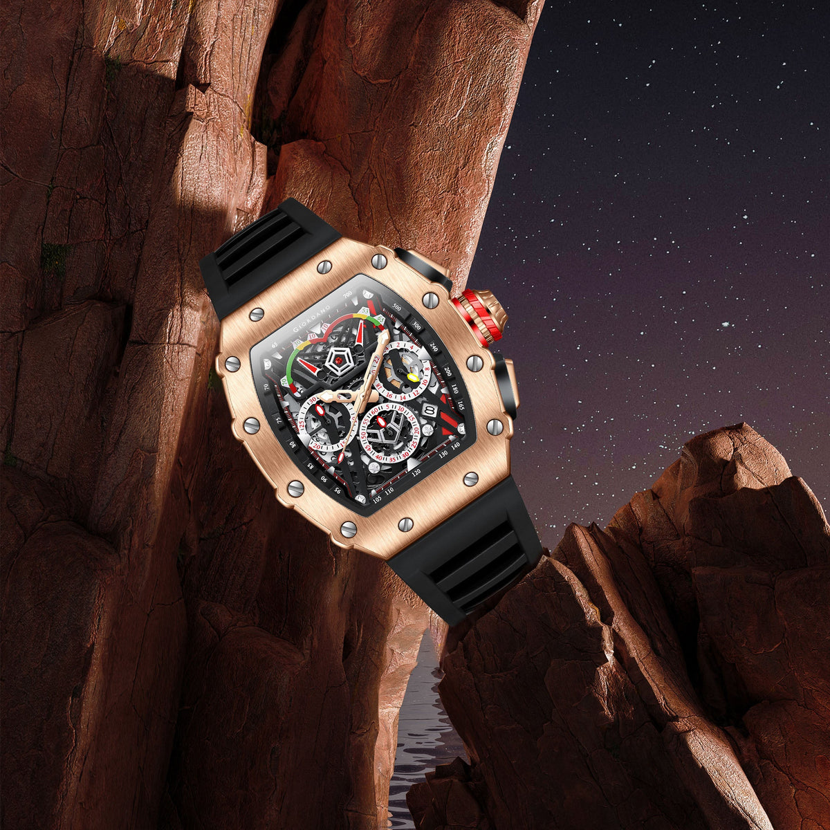 Giordano SPYDER Multifunction Watch - with Day, Date, and 24-Hour Sub-Dials | Water Resistant Square dial Unique Design Wrist Watch for Man | Best Gift for Males - GZ-50120-02