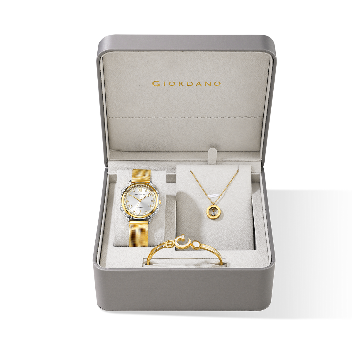 Giordano Gold Analog Quartz Watch Gift Set for Women – 3 Piece Combo with Mesh Strap, Roman Numeral Crystal Studded Dial, Round Pearl Pendant Necklace & Bangle Bracelet - GZ-60183-33