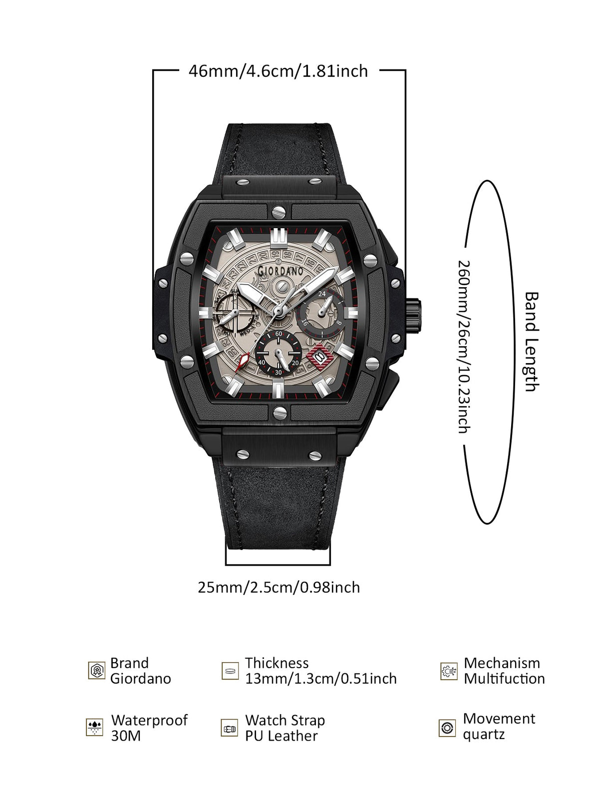Giordano Terminator Men's Black Leather Multifunction Watch - with Day, Date, and 24-Hour Sub-Dials | Water Resistant Square Dial Unique Design Wrist Watch for Man | GZ-50098-03