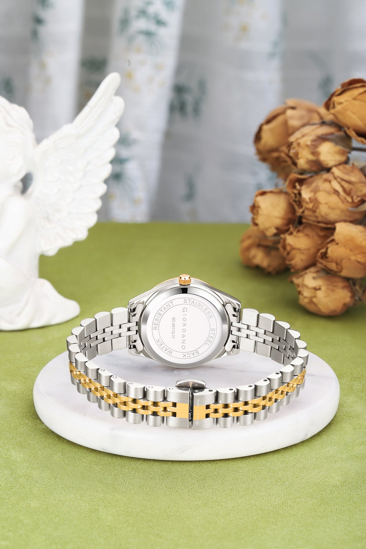 Giordano Analog Quartz Watch for Women with Day & Date Display, Textured Dial, Diamond Hour Markers, Roman Numerals Stainless Steel Strap - GZ-60172-11