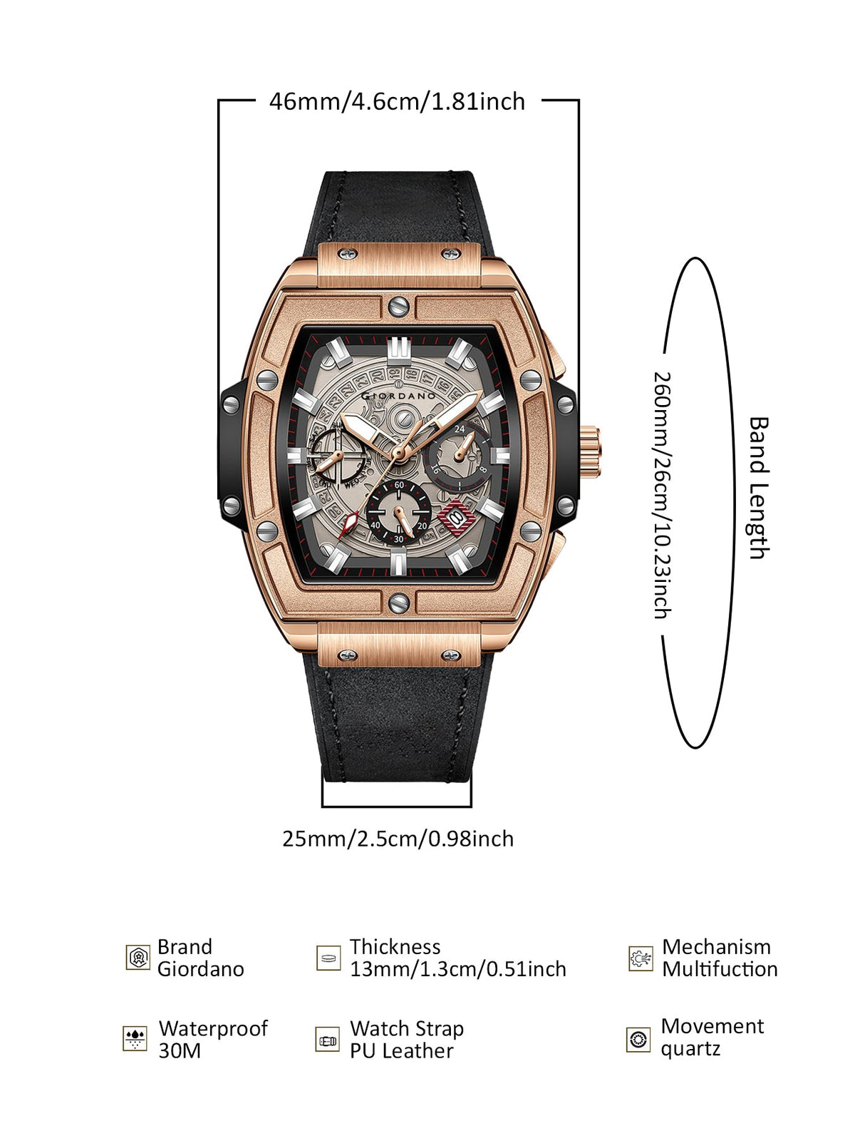 Giordano Terminator Men's Rose Gold Leather Multifunction Watch - with Day, Date, and 24-Hour Sub-Dials | Water Resistant Square Dial Unique Design Wrist Watch for Man | GZ-50098-02
