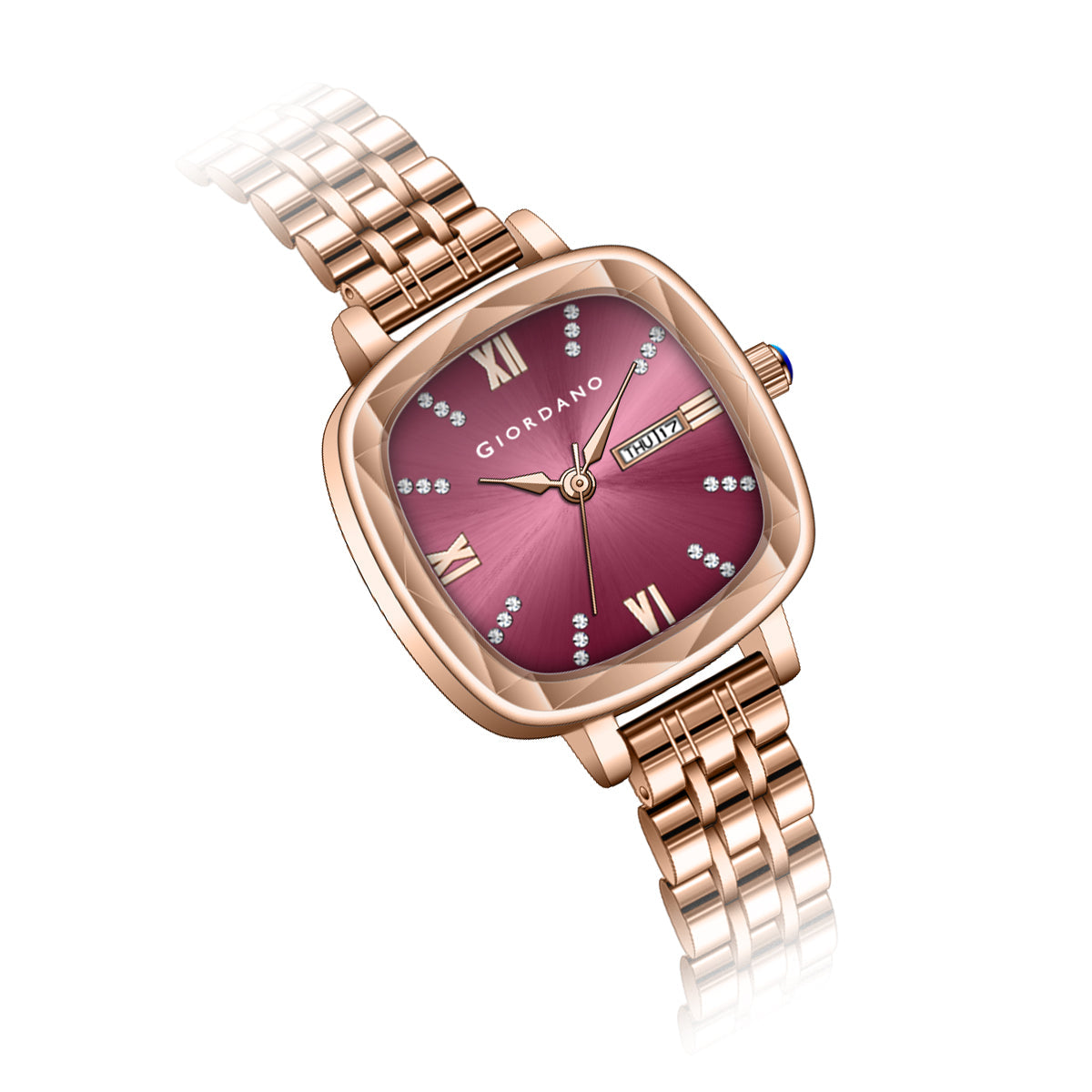Giordano Elegant Square Rose Gold Watch for Women – Crystal & Roman Hour Markers, Day-Date Display, Stainless Steel Strap | GZ-60097-11