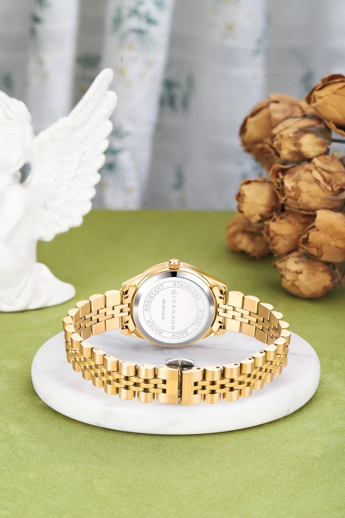 Giordano Analog Quartz Watch for Women with Day & Date Display, Textured Dial, Diamond Hour Markers, Roman Numerals Stainless Steel Strap - GZ-60172-33