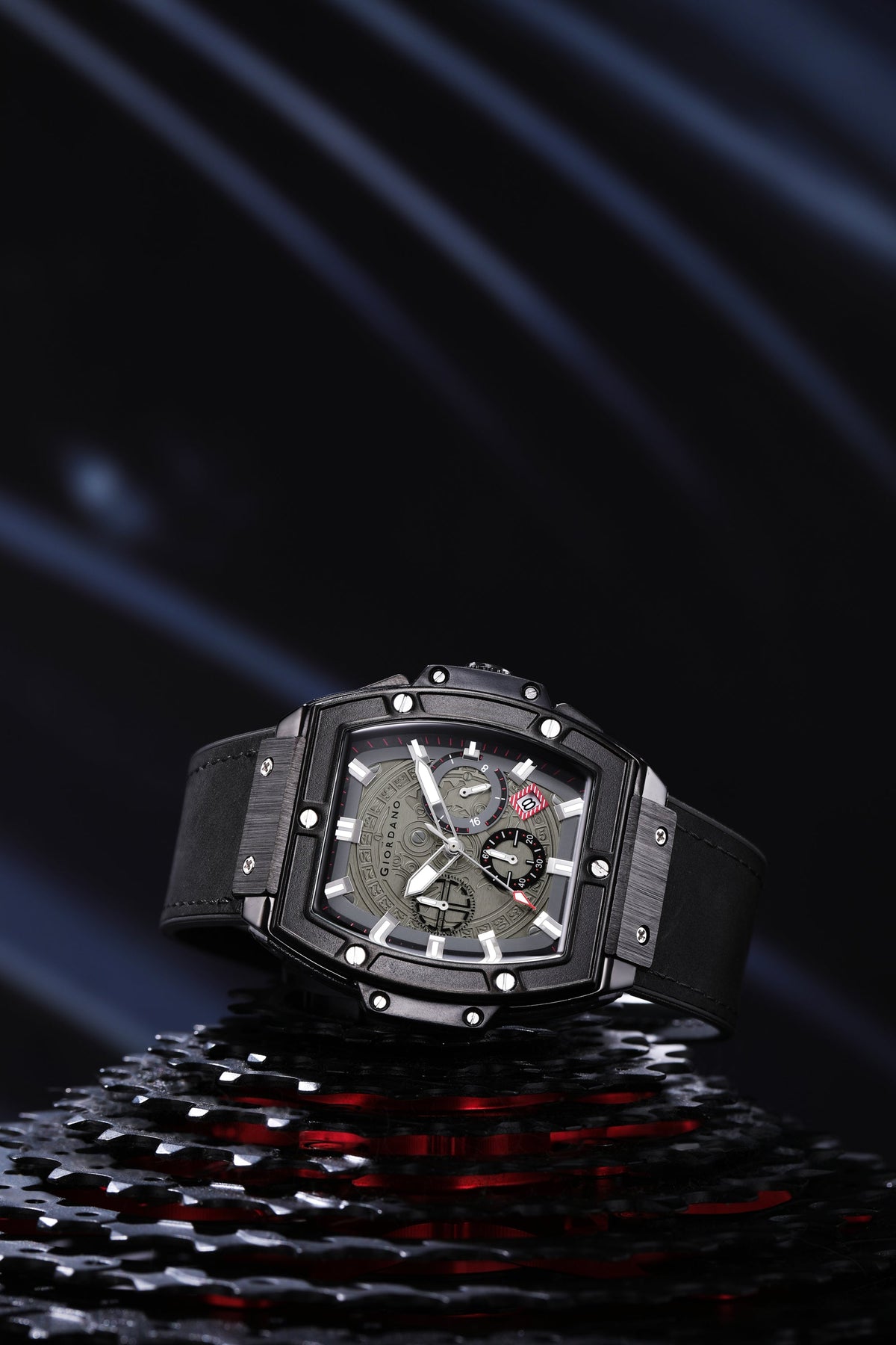 Giordano Terminator Men's Black Leather Multifunction Watch - with Day, Date, and 24-Hour Sub-Dials | Water Resistant Square Dial Unique Design Wrist Watch for Man | GZ-50098-03