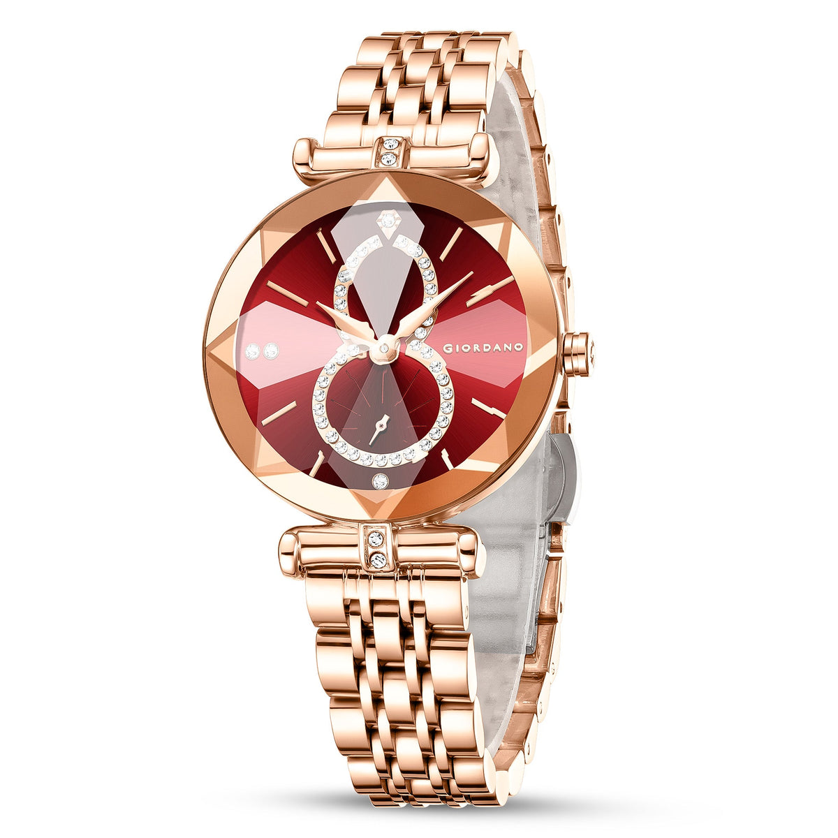 Giordano Luxury Watch for women Round Diamond cut glass Dial,  Elegant Stainless Steel Strap with Quartz Movement-GZ-60092-22