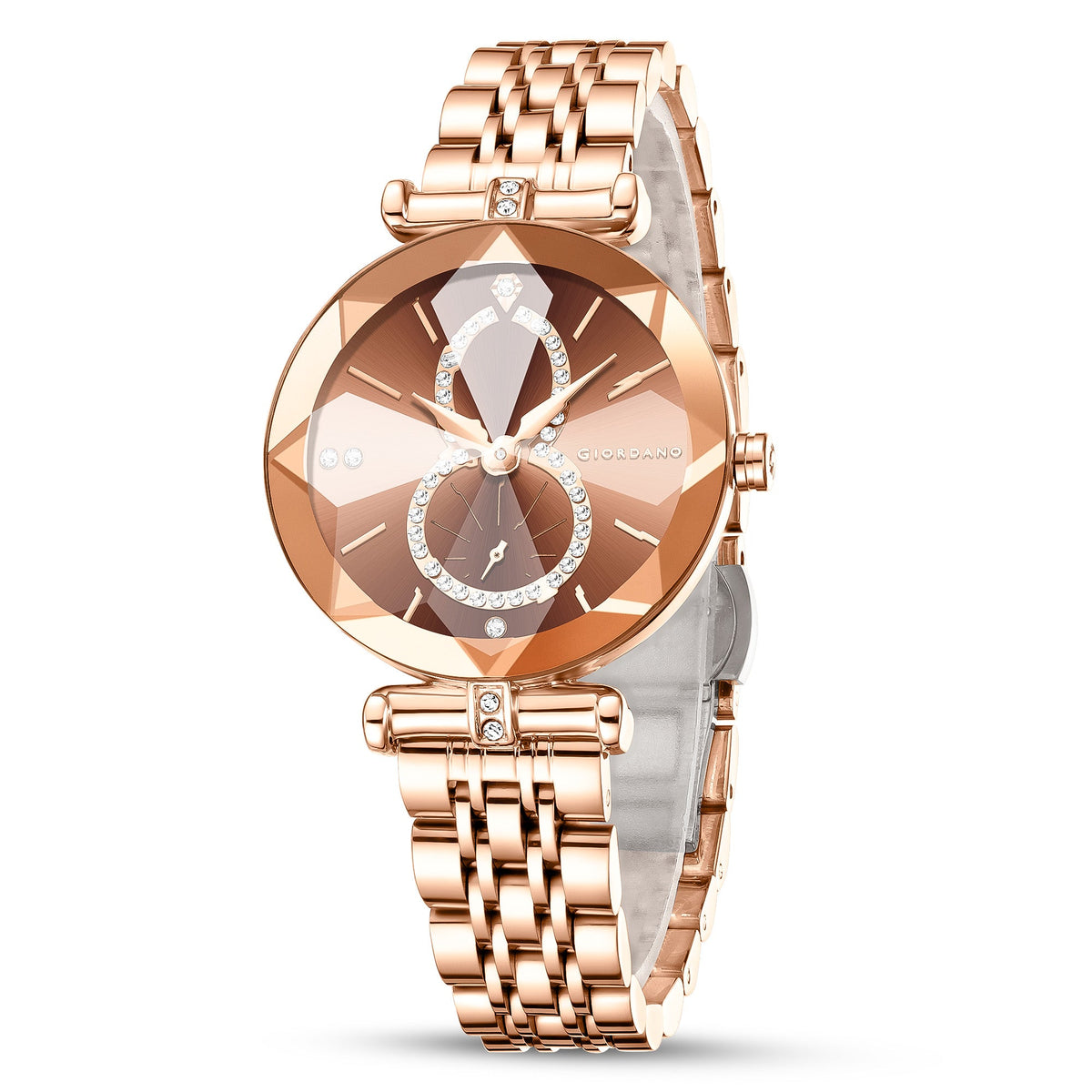Giordano Luxury Watch for women Round Diamond cut glass Dial,  Elegant Stainless Steel Strap with Quartz Movement-GZ-60092-33