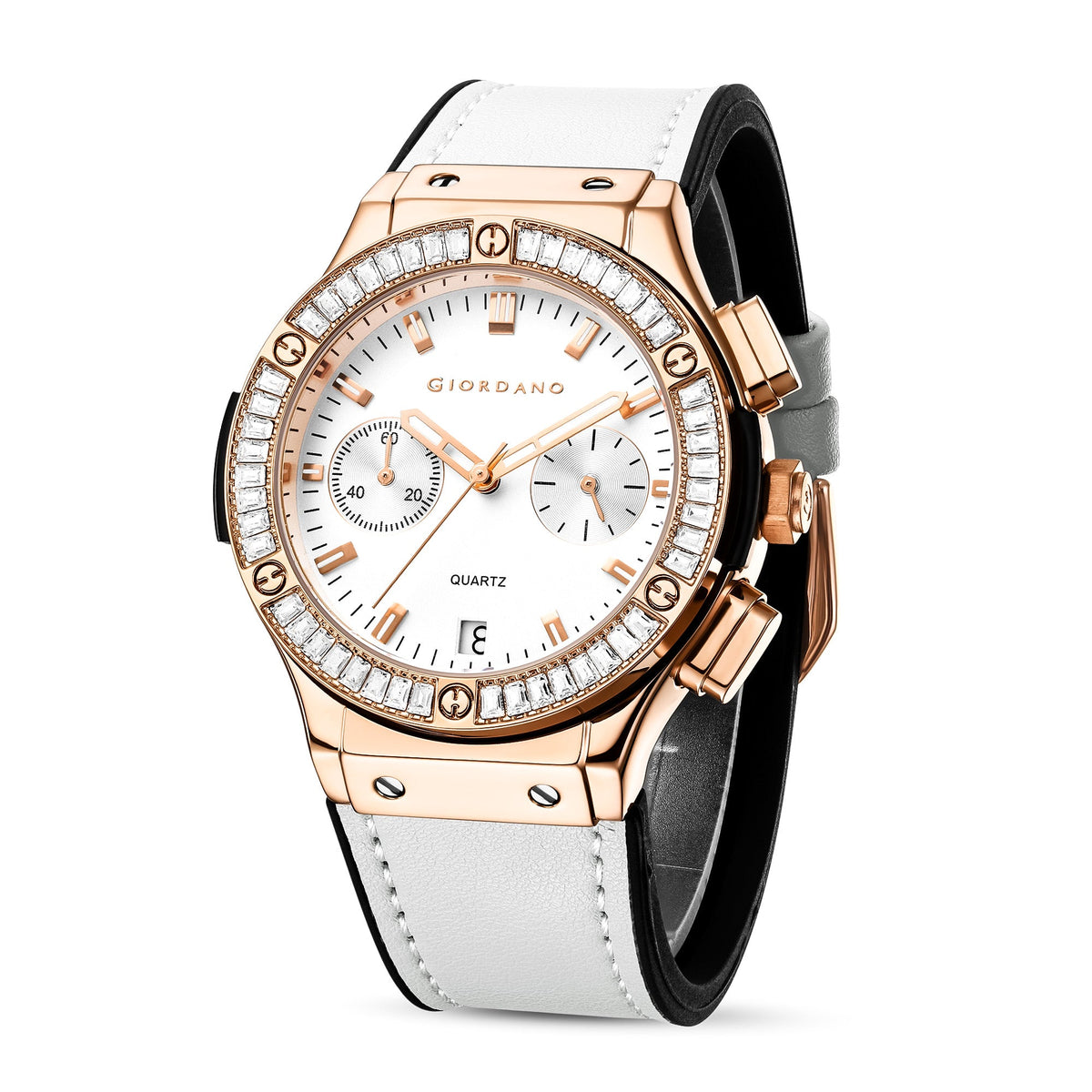 Giordano analog Watch for Women  – Round Dial,  Leather Strap, Crystal-Studded Bezel with Quartz Movement-GZ-60093-03