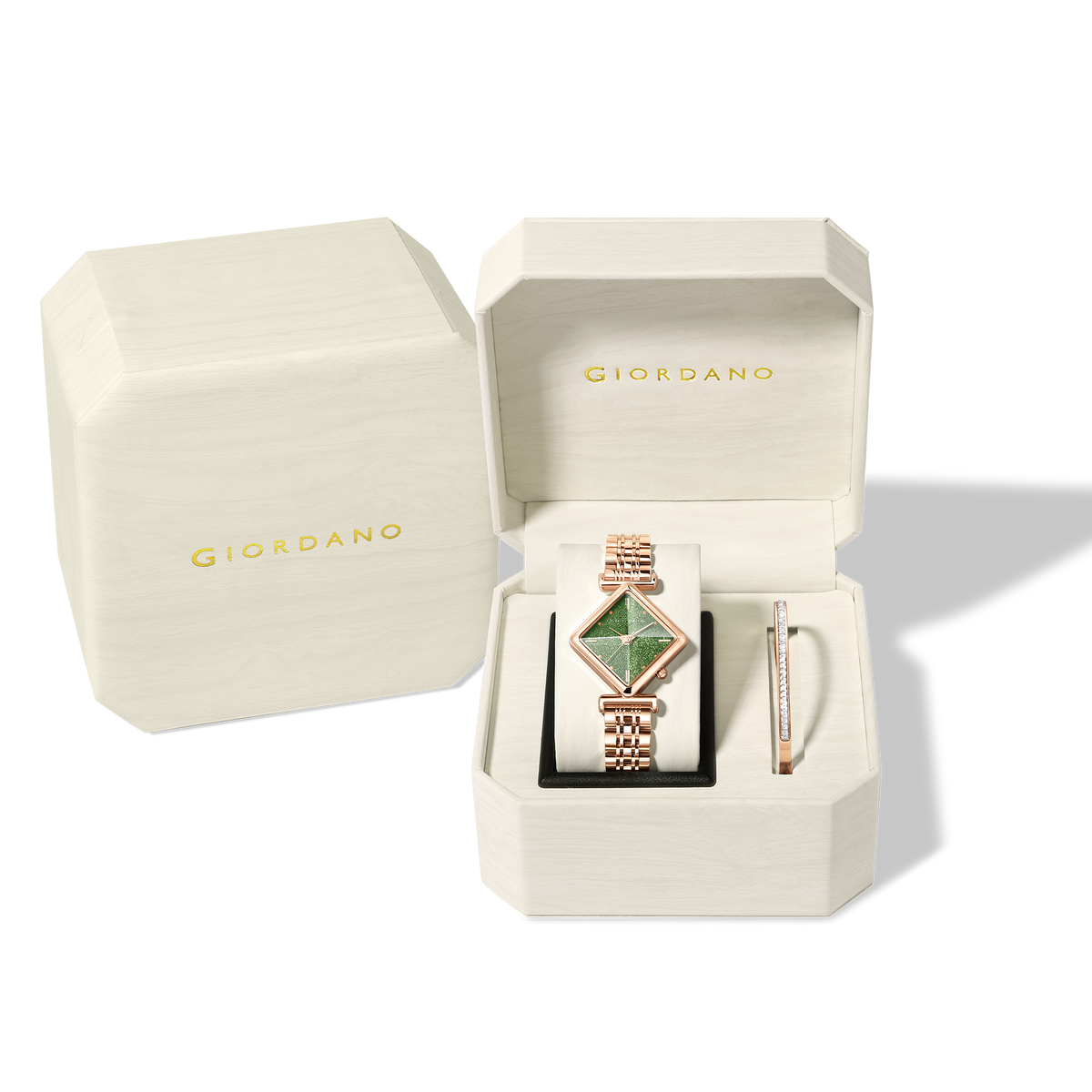 Giordano Rose Gold Analog Watch For Women with Bracelet Set – Diamond-Shaped Shimmer Dial, Crystal Detailing & Stainless Steel Strap – Elegant Gift Combo for Women | GZ-60106-22