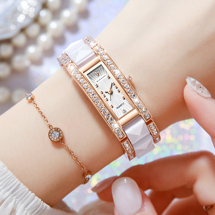 Giordano Luxury Crystal Studded Bracelet Watch for Women -  Elegant Rectangular Dial, Quartz Movement and stainless steel strap | GZ-60104-33