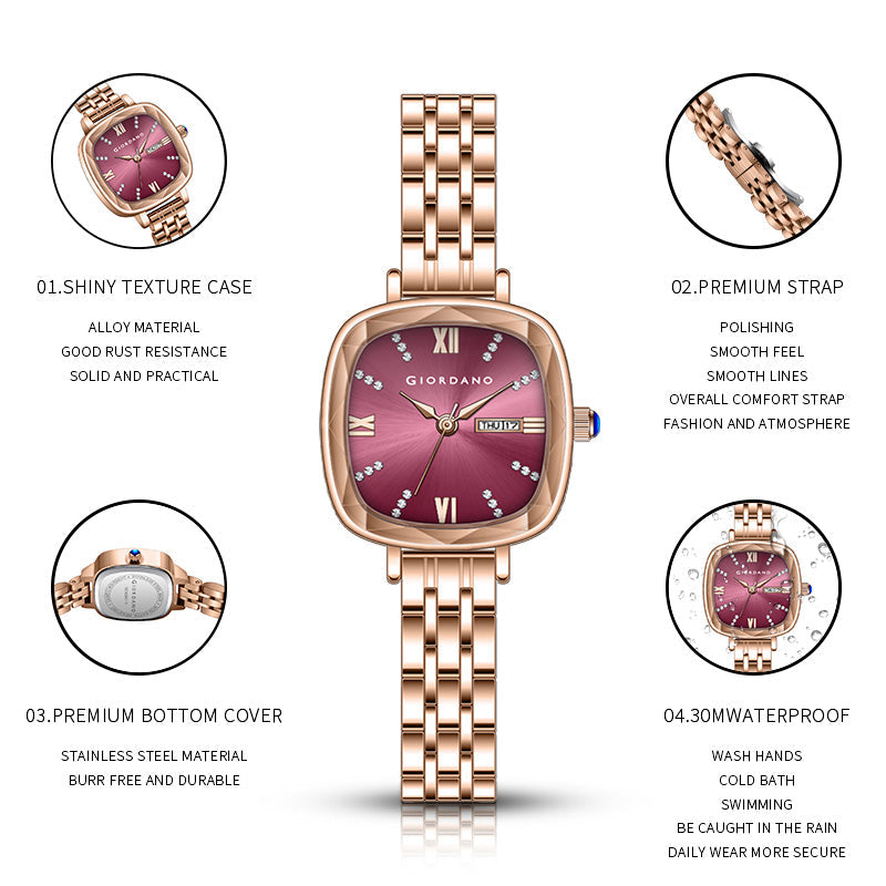 Giordano Elegant Square Rose Gold Watch for Women – Crystal & Roman Hour Markers, Day-Date Display, Stainless Steel Strap | GZ-60097-11