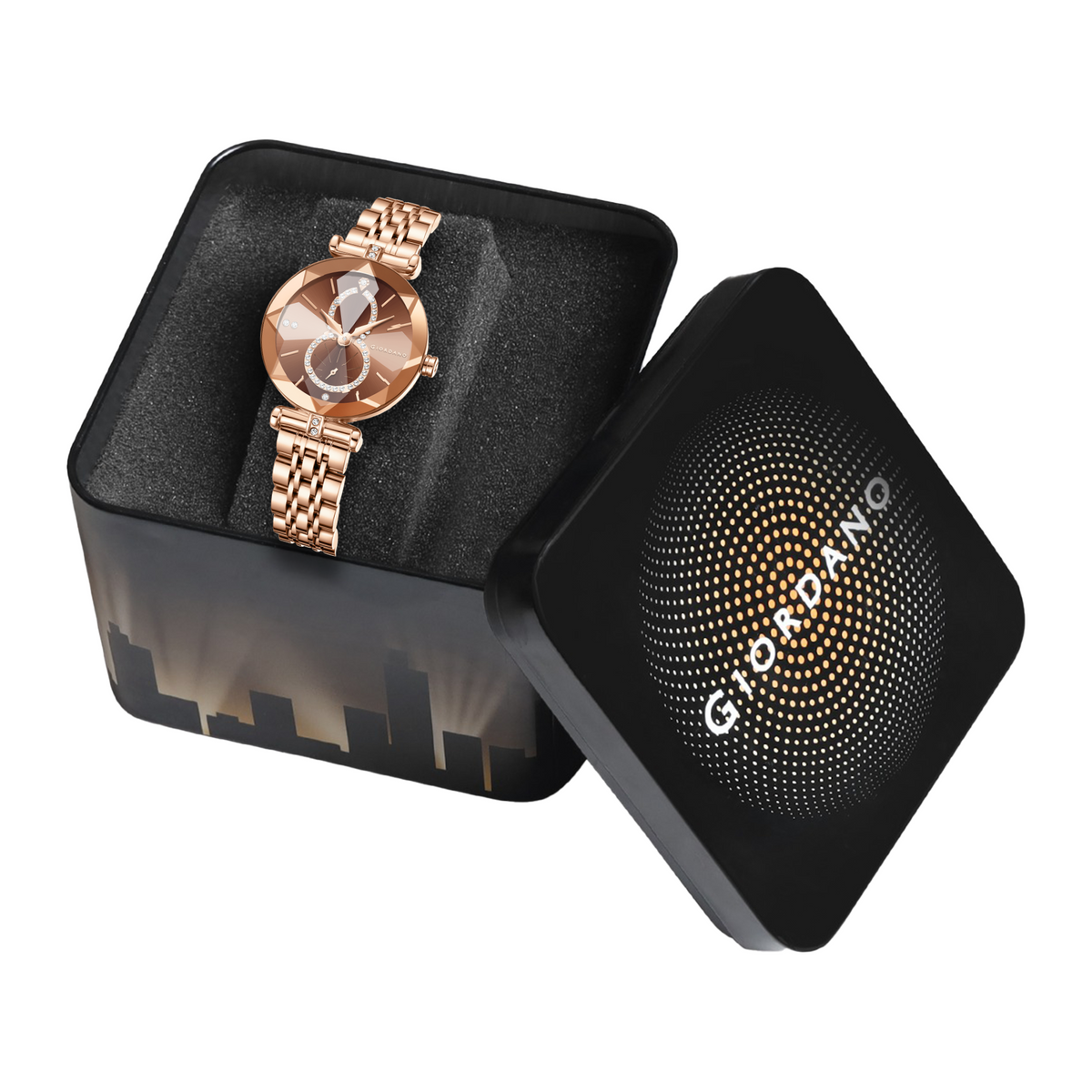 Giordano Luxury Watch for women Round Diamond cut glass Dial,  Elegant Stainless Steel Strap with Quartz Movement-GZ-60092-33