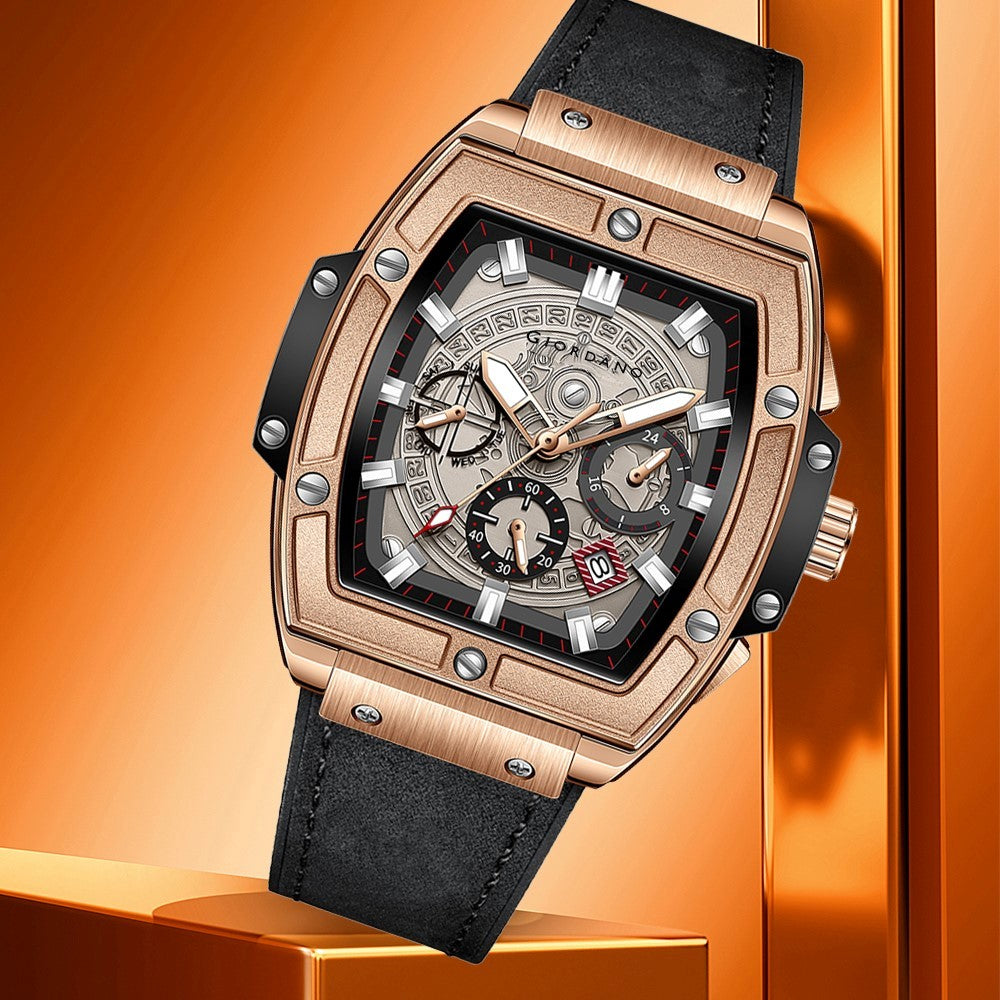 Giordano Terminator Men's Rose Gold Leather Multifunction Watch - with Day, Date, and 24-Hour Sub-Dials | Water Resistant Square Dial Unique Design Wrist Watch for Man | GZ-50098-02