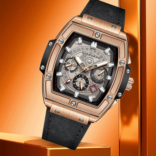 Giordano Terminator Men's Rose Gold Leather Multifunction Watch - with Day, Date, and 24-Hour Sub-Dials | Water Resistant Square Dial Unique Design Wrist Watch for Man | GZ-50098-02