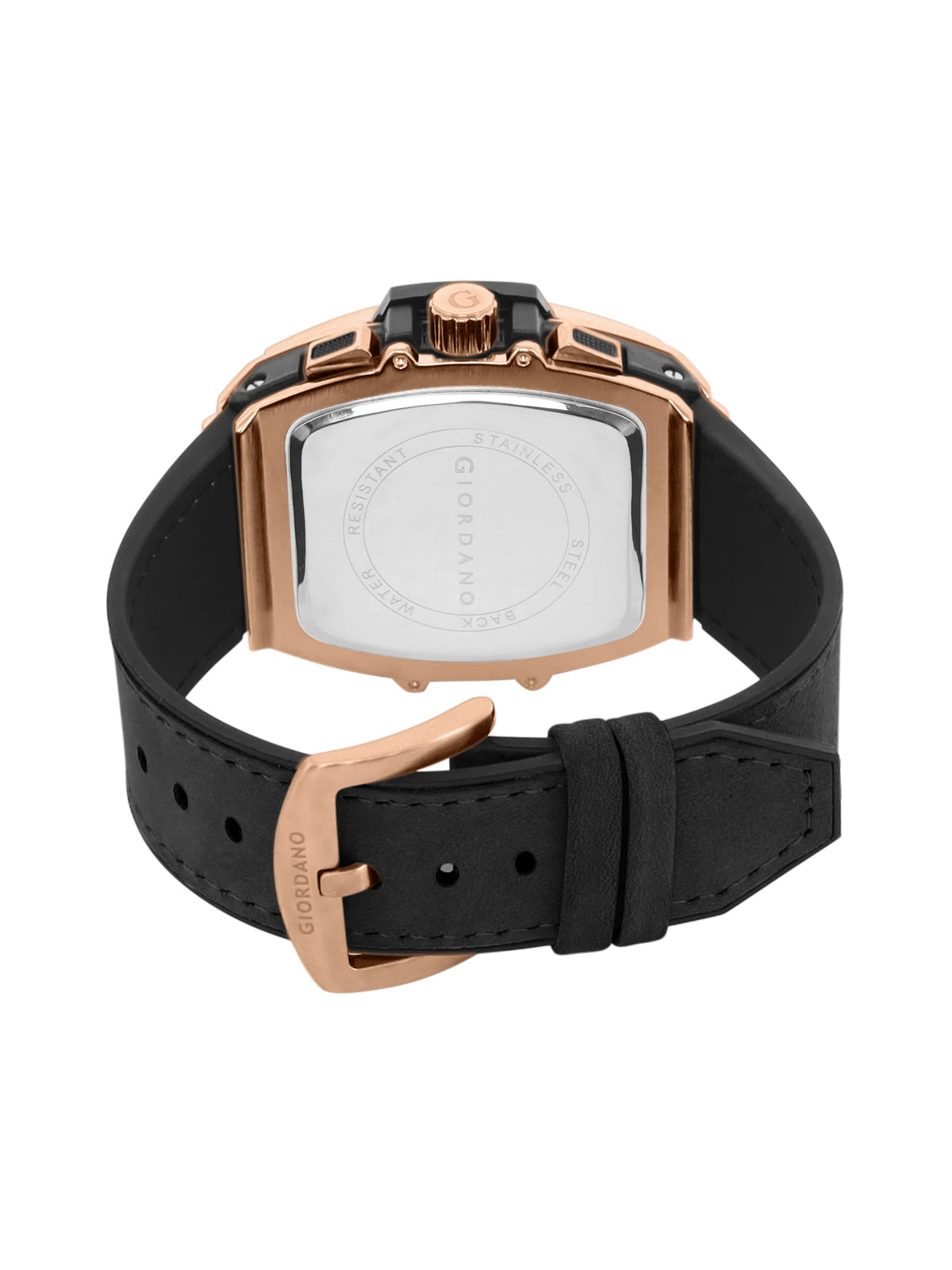 Giordano Terminator Men's Rose Gold Leather Multifunction Watch - with Day, Date, and 24-Hour Sub-Dials | Water Resistant Square Dial Unique Design Wrist Watch for Man | GZ-50098-02