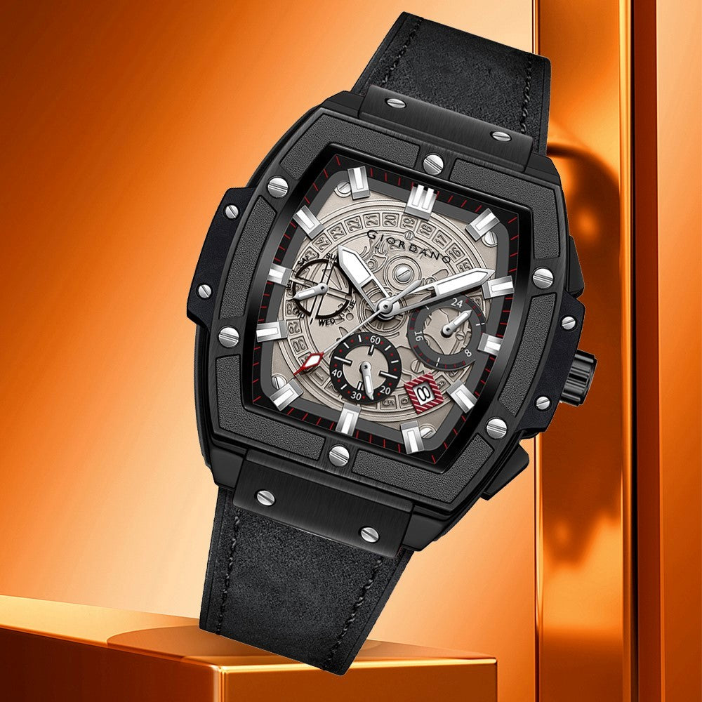 Giordano Terminator Men's Black Leather Multifunction Watch - with Day, Date, and 24-Hour Sub-Dials | Water Resistant Square Dial Unique Design Wrist Watch for Man | GZ-50098-03