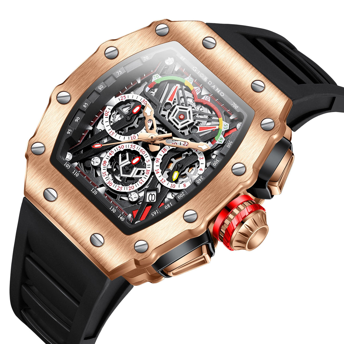 Giordano SPYDER Multifunction Watch - with Day, Date, and 24-Hour Sub-Dials | Water Resistant Square dial Unique Design Wrist Watch for Man | Best Gift for Males - GZ-50120-02