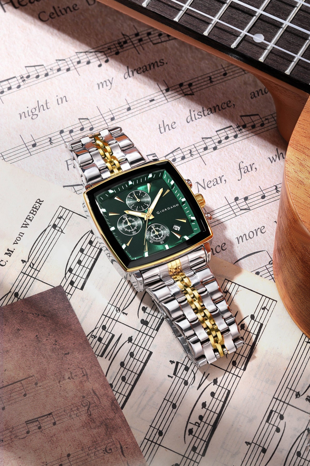 Giordano Multi Function Watch For Men With Square Green Dial, Stainless Steel Strap And Date Display GZ-50138-55