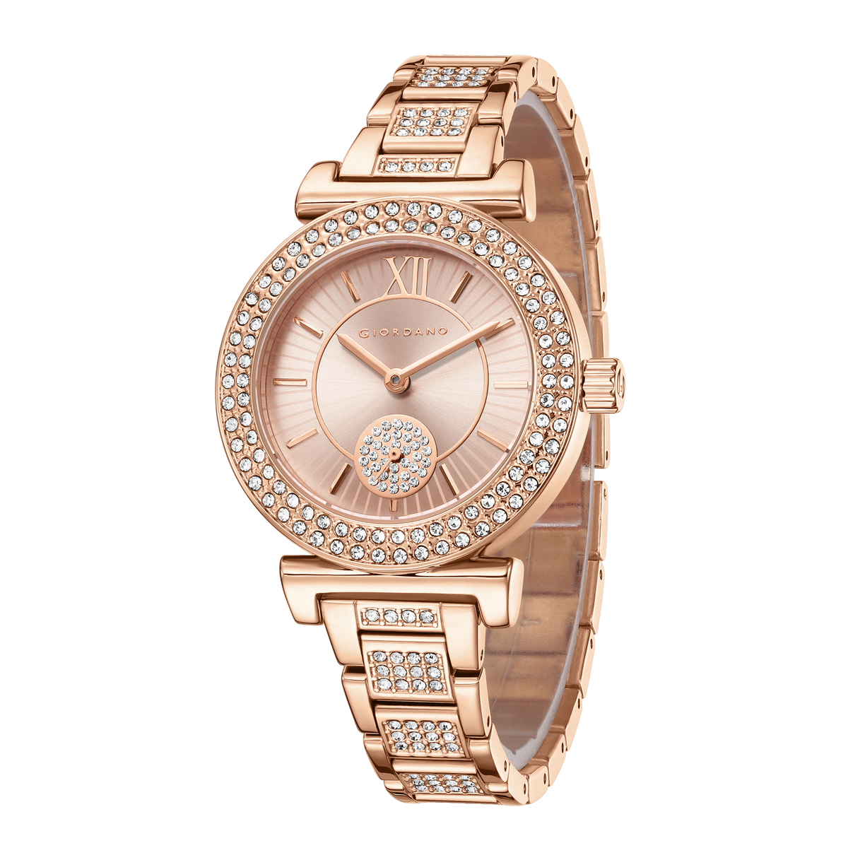 Giordano Luxury Analog Watch for Women - Elegant Crystal Design with sub dial and Diamond Studed statinless Steel Strap | GZ-60086-11
