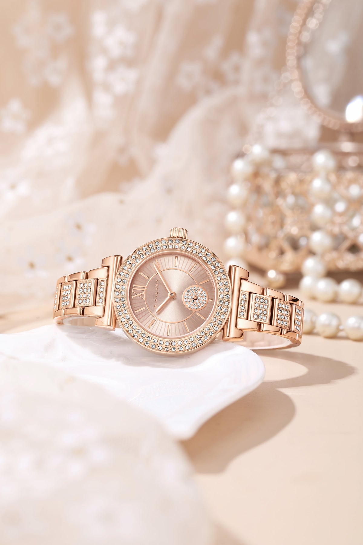 Giordano Luxury Analog Watch for Women - Elegant Crystal Design with sub dial and Diamond Studed statinless Steel Strap | GZ-60086-11