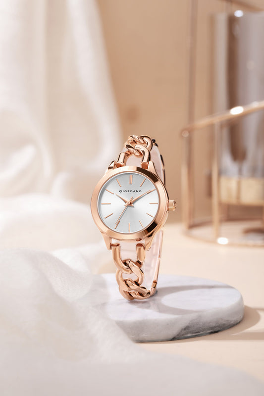 Giordano Modern Analog Watch for Women – Sleek Dial with Unique Chain-Link Bracelet and Stylish Stainless Steel Strap | GZ-60087-22