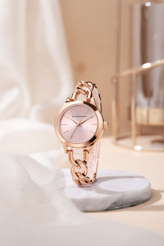 Giordano Modern Analog Watch for Women – Sleek Dial with Unique Chain-Link Bracelet and Stylish Stainless Steel Strap | GZ-60087-33