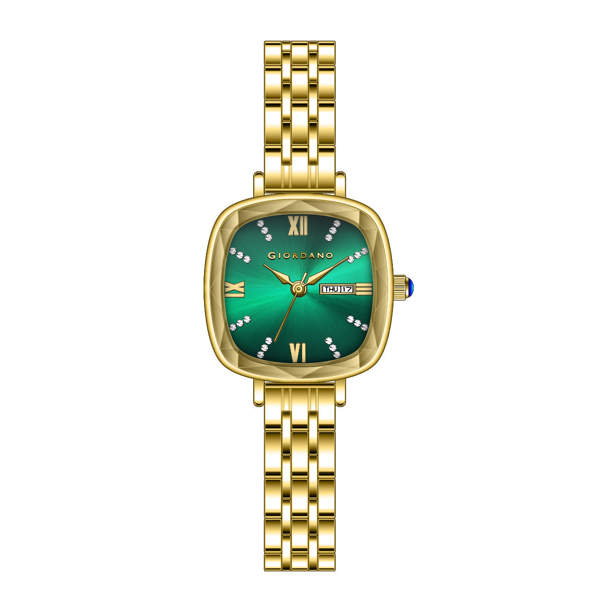 Giordano Elegant Square Watch for Women – Crystal & Roman Hour Markers, Day-Date Display, Stainless Steel Strap | GZ-60097-88