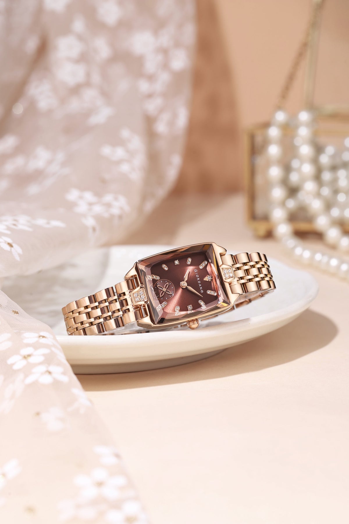 Giordano Analog Watch For Women - Rectangular Dial, Crystal Hour Markers And Rose Gold Stainless Steel Strap GZ-60102-33