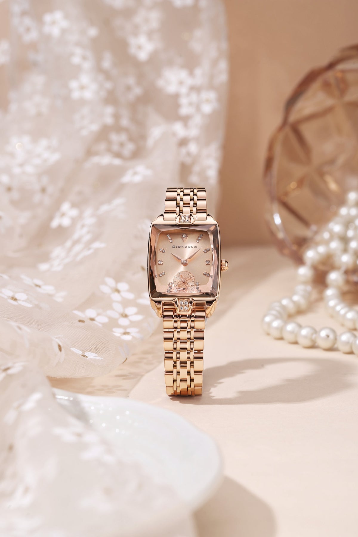 Giordano Analog Watch For Women - Rectangular Dial, Crystal Hour Markers And Rose Gold Stainless Steel Strap GZ-60102-44