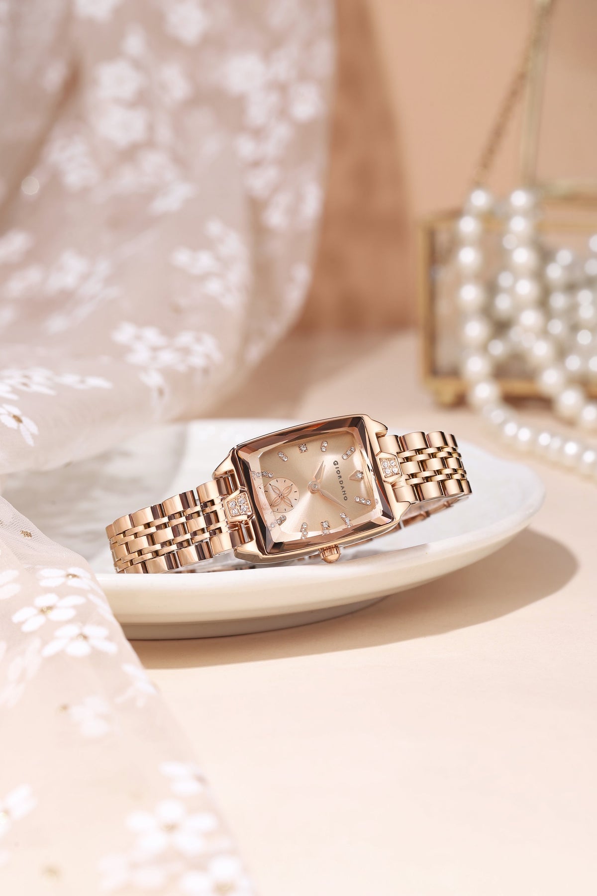 Giordano Analog Watch For Women - Rectangular Dial, Crystal Hour Markers And Rose Gold Stainless Steel Strap GZ-60102-44