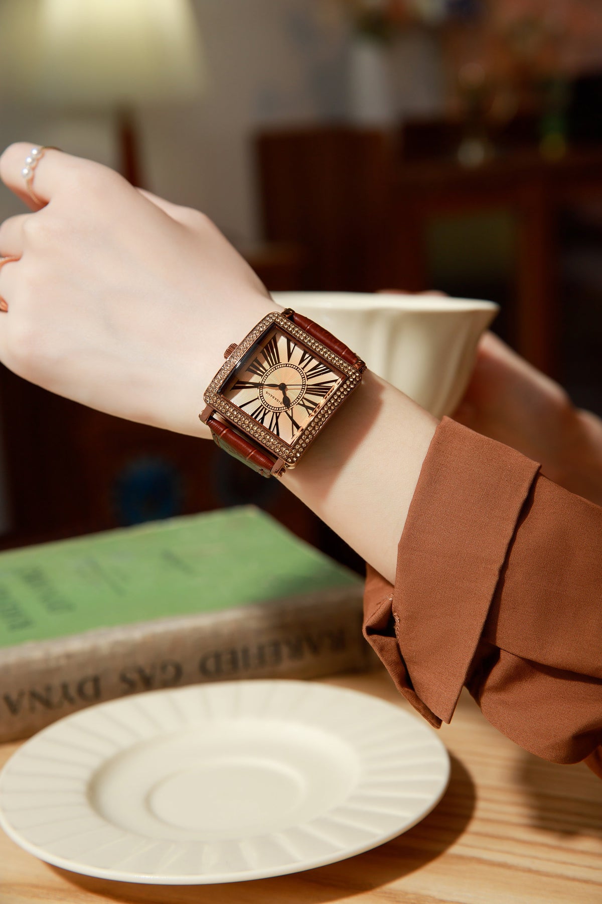Giordano Elegant Watch for women Crystal-Studded Square Dial,  Leather Band,  Roman Numeral Dial-GZ-60091-03
