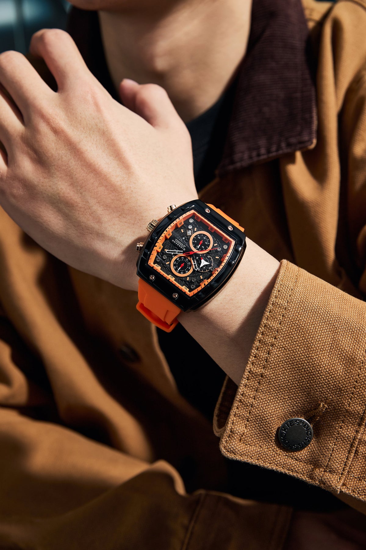 Giordano Orange Square Dial Multifuncational Watch for Men with Stylish Design, Waterproof, Date Display & Silicone Strap GZ-50123-02