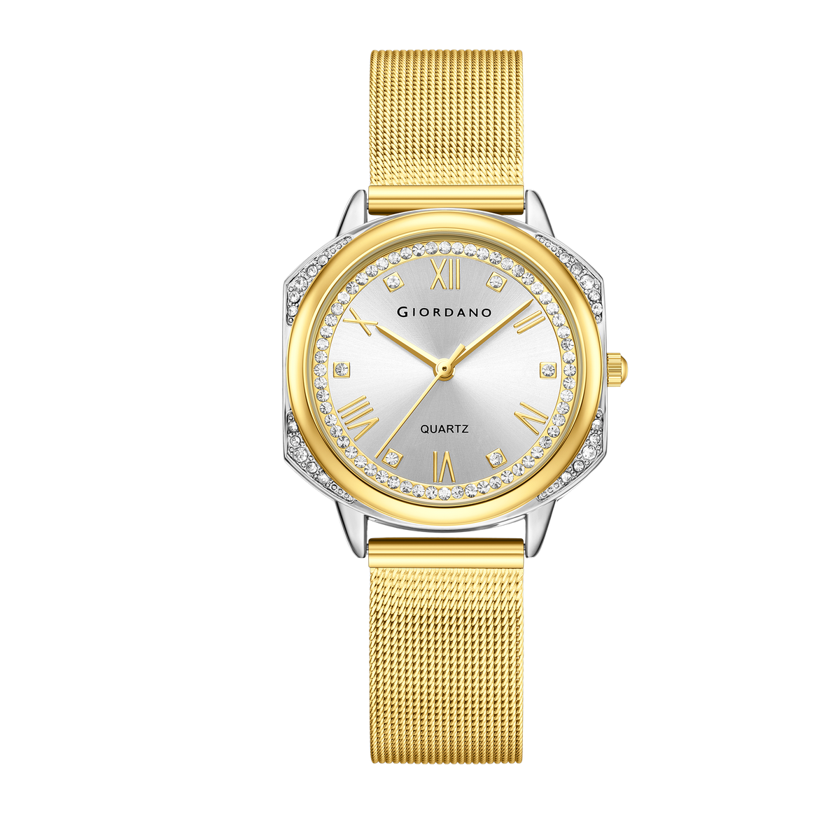 Giordano Gold Analog Quartz Watch Gift Set for Women – 3 Piece Combo with Mesh Strap, Roman Numeral Crystal Studded Dial, Round Pearl Pendant Necklace & Bangle Bracelet - GZ-60183-33