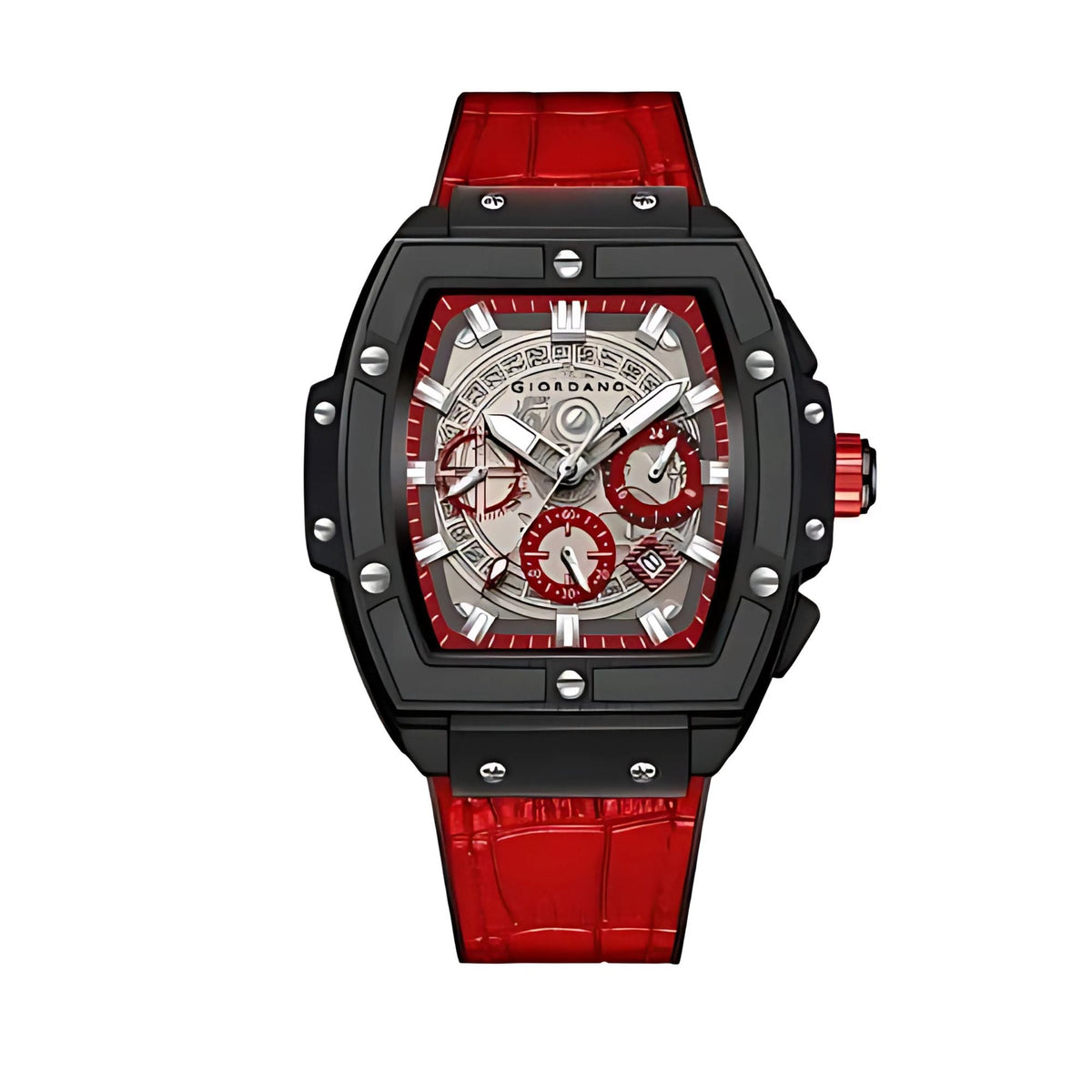 Giordano Terminator Red Leather Multifunction Watch for men - with Day, Date, and 24-Hour Sub-Dials | Water Resistant Square Dial Unique Design Wrist Watch for Man | GZ-50098-04